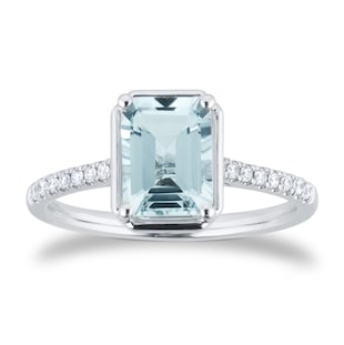 Goldsmiths 18ct White Gold Aquamarine and 0.10cttw Emerald Cut Diamond Ring