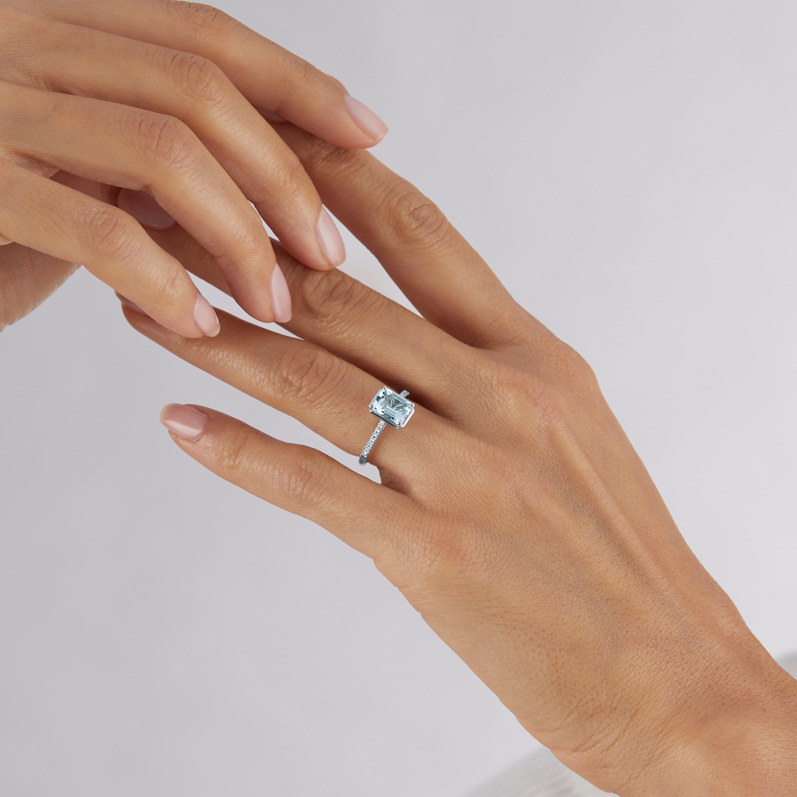 Goldsmiths 18ct White Gold Aquamarine and 0.10cttw Emerald Cut Diamond Ring