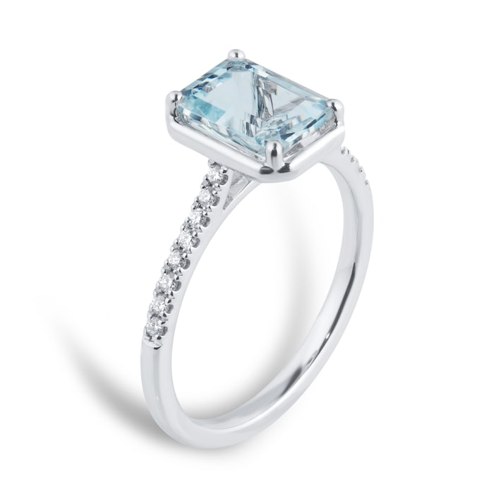 Goldsmiths 18ct White Gold Emerald Cut Aquamarine and 0.10cttw Diamond Ring