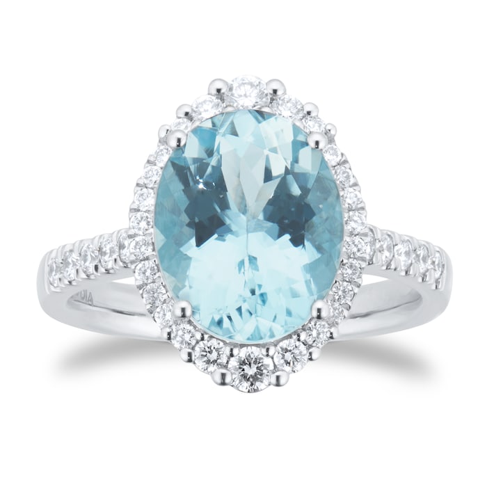 Goldsmiths Platinum Oval Cut Aquamarine and 0.40cttw Diamond Halo Ring