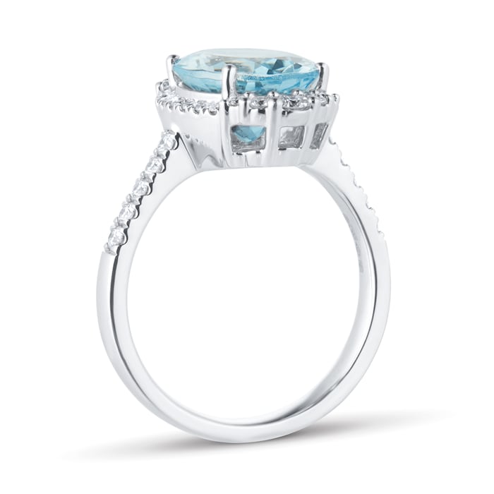 Goldsmiths Platinum Oval Cut Aquamarine and 0.40cttw Diamond Halo Ring
