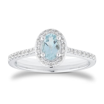 Goldsmiths 18ct White Gold 0.52cttw Oval Aquamarine and 0.20cttw Diamond Halo Ring Goldsmiths 18ct White Gold 0.52cttw Oval Aquamarine and 0.20cttw Diamond Halo Ring