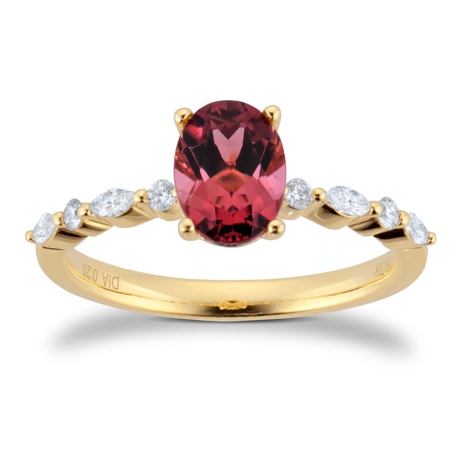 Goldsmiths 18ct Yellow Gold 8x6 Oval Pink Tourmaline and 0.20cttw Diamond Ring