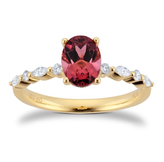 Goldsmiths 18ct Yellow Gold 8x6 Oval Pink Tourmaline and 0.20cttw Diamond Ring