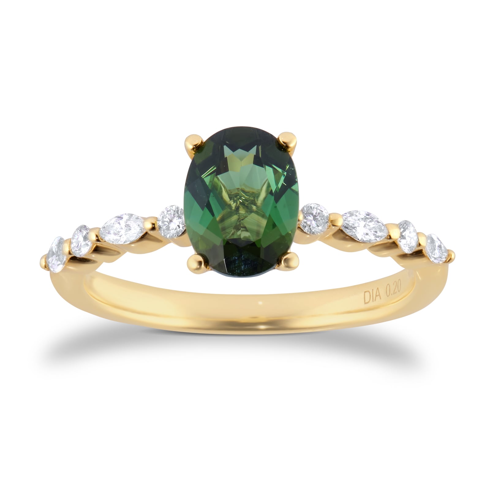 Goldsmiths 18ct Yellow Gold Oval Cut Green Tourmaline Diamond Set Shoulder Ring