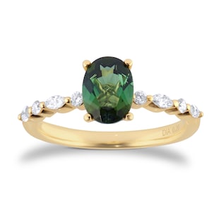 Best Luxury 
18ct Yellow Gold Oval Cut Green Tourmaline Diamond Set Shoulder Ring