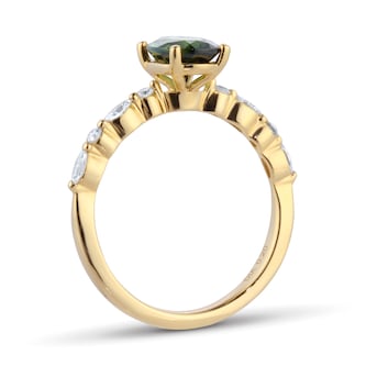 Goldsmiths 18ct Yellow Gold Oval Cut Green Tourmaline Diamond Set Shoulder Ring
