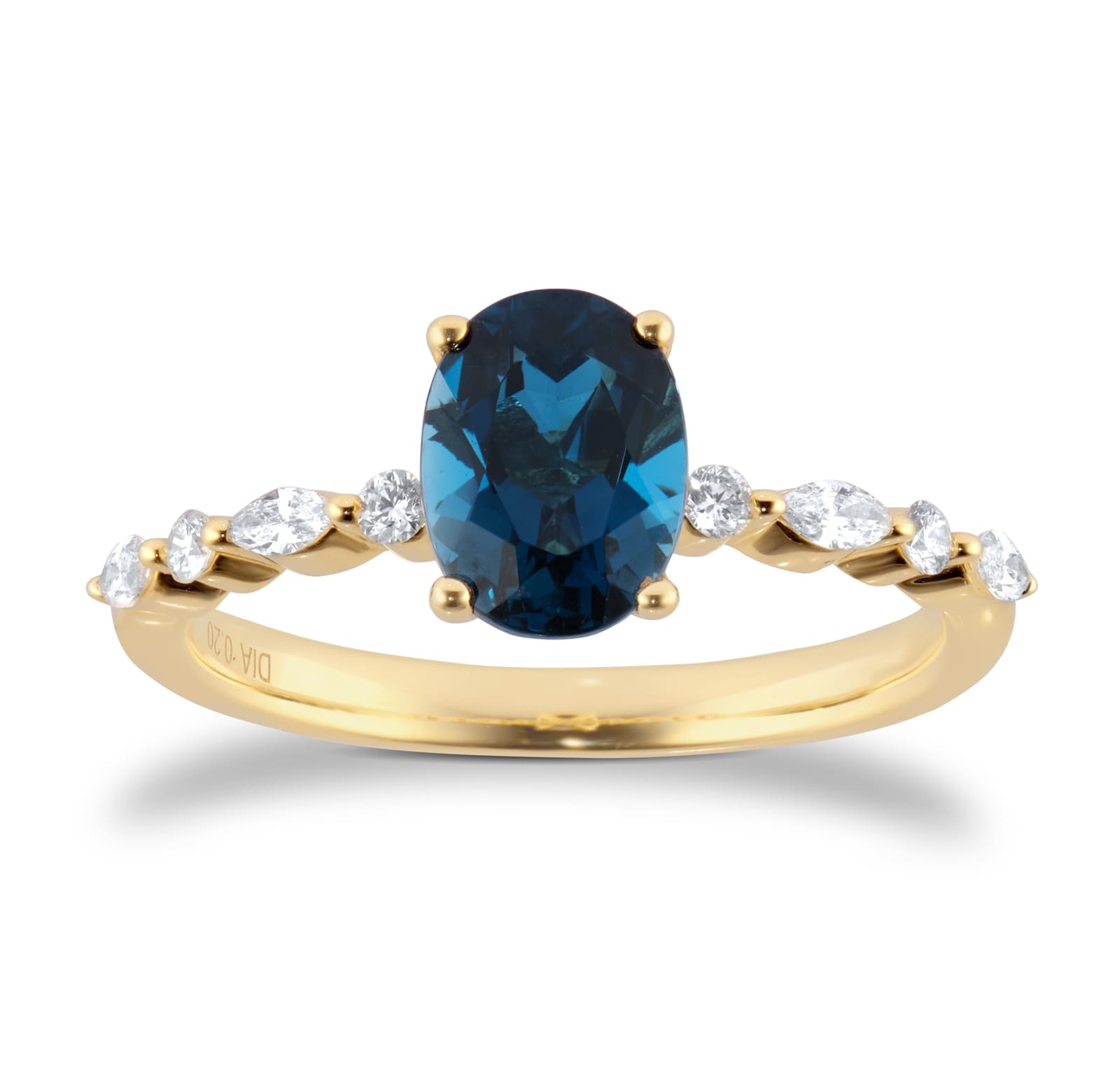 Goldsmiths 18ct Yellow Gold Oval Cut Blue Topaz Diamond Set Shoulder Ring