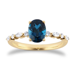 Best Luxury 
18ct Yellow Gold Oval Cut Blue Topaz Diamond Set Shoulder Ring
