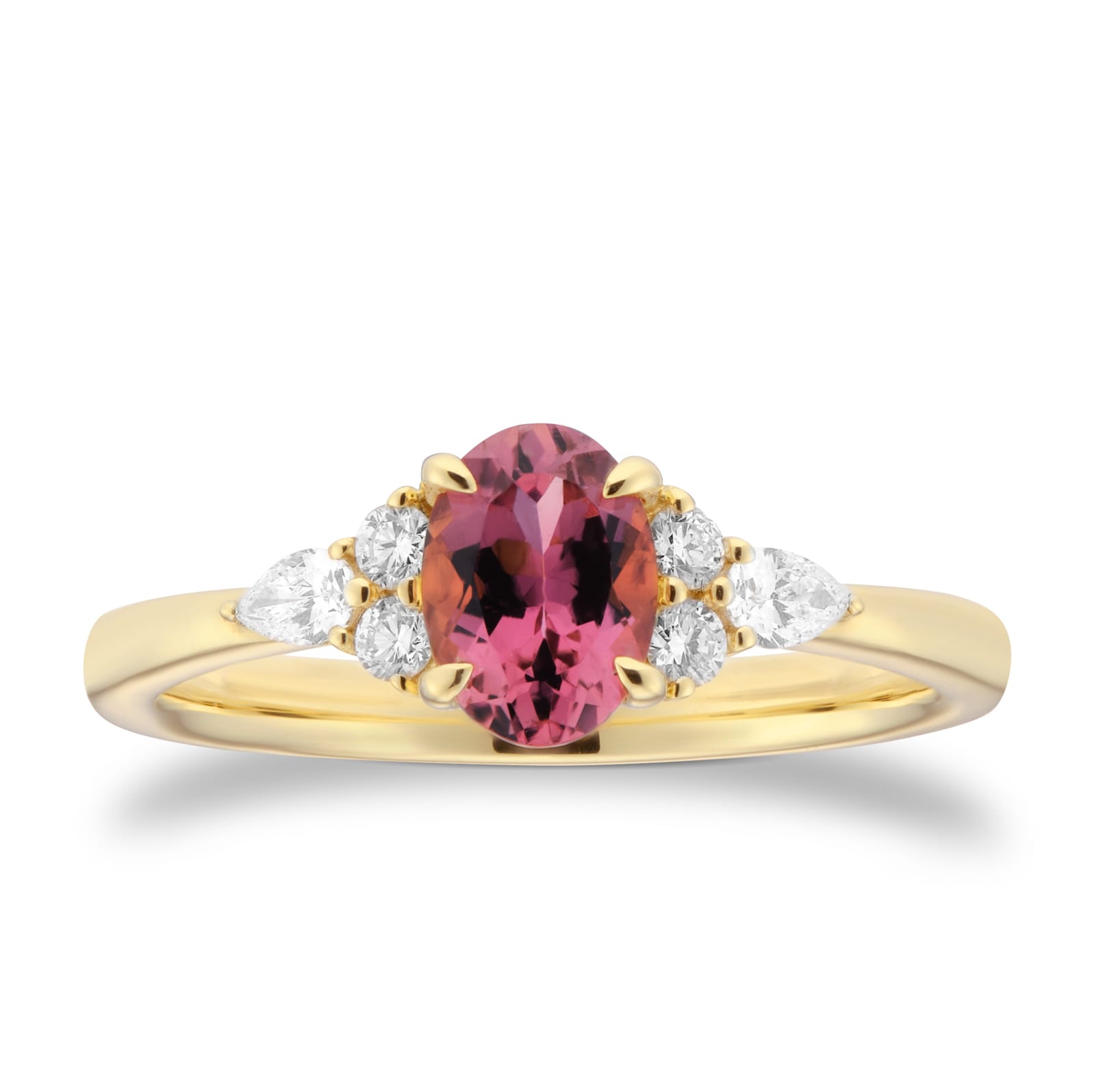 Goldsmiths 18ct Yellow Gold Oval Cut Pink Tourmaline and 0.20cttw Diamond Engagement Ring Goldsmiths 18ct Yellow Gold Oval Cut Pink Tourmaline and 0.20cttw Diamond Engagement Ring