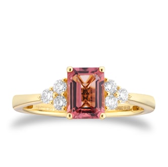 Goldsmiths 18ct Yellow Gold Emerald Cut Pink Tourmaline and 0.20cttw Diamond Engagement Ring