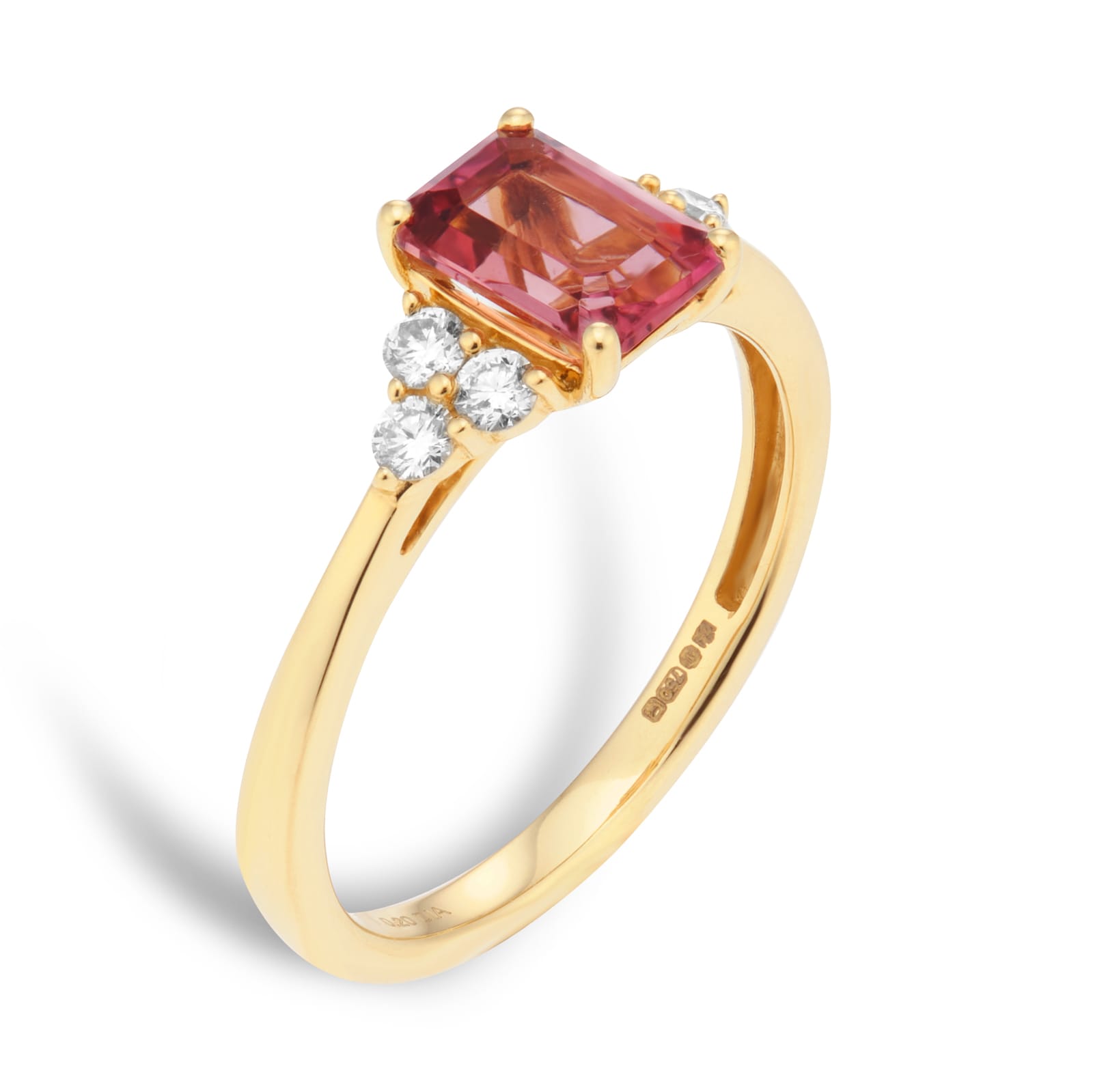 Goldsmiths 18ct Yellow Gold Emerald Cut Pink Tourmaline and 0.20cttw Diamond Engagement Ring