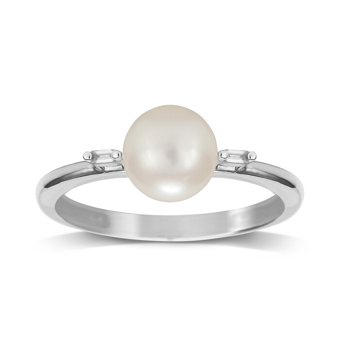 Goldsmiths 9ct White Gold Pearl & 0.022cttw Diamond Ring