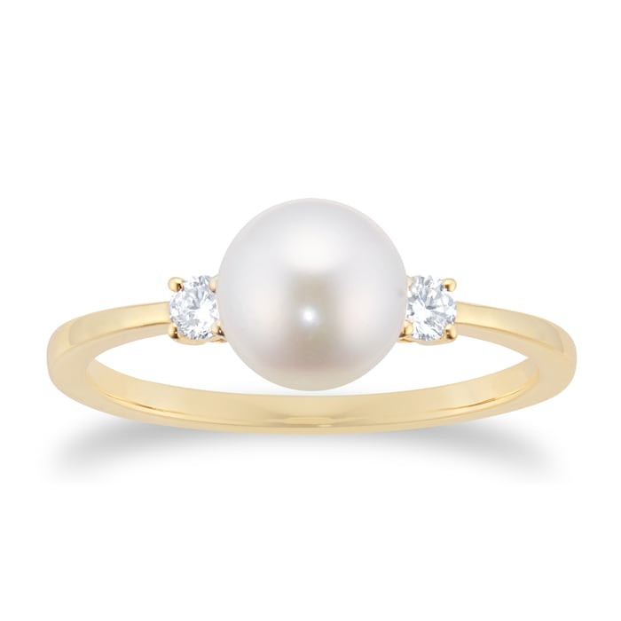 Goldsmiths 18ct Yellow Gold Akoya Pearl & 0.13ct Diamond Ring - Ring Size P