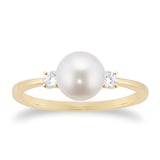 Goldsmiths 18ct Yellow Gold Akoya Pearl & 0.13ct Diamond Ring - Ring Size P