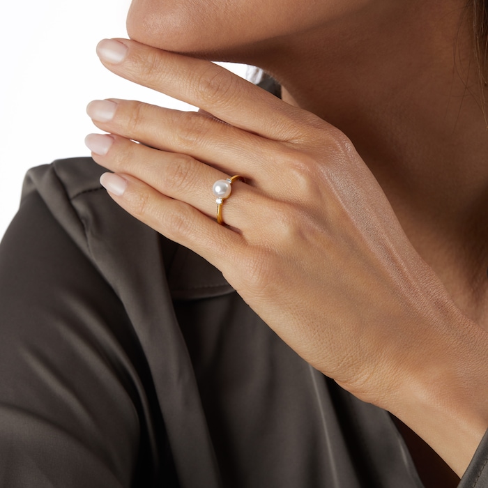 Goldsmiths 18ct Yellow Gold Akoya Pearl & 0.13ct Diamond Ring - Ring Size P