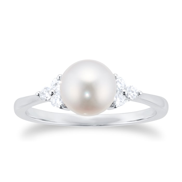 Goldsmiths 18ct White Gold Akoya Pearl & 0.15ct Diamond Ring