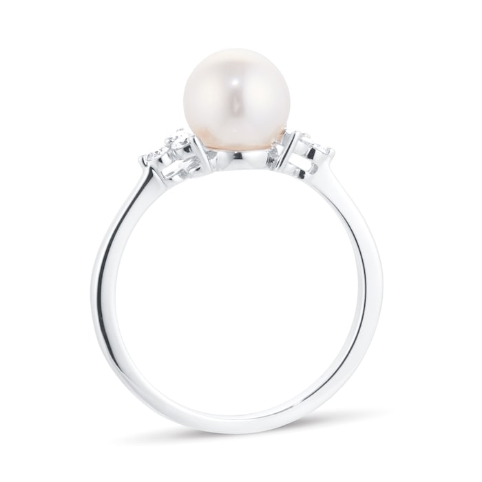 Goldsmiths 18ct White Gold Akoya Pearl & 0.15ct Diamond Ring - Ring Size M