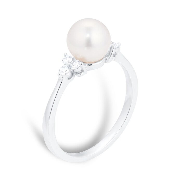 Goldsmiths 18ct White Gold Akoya Pearl & 0.15ct Diamond Ring - Ring Size M