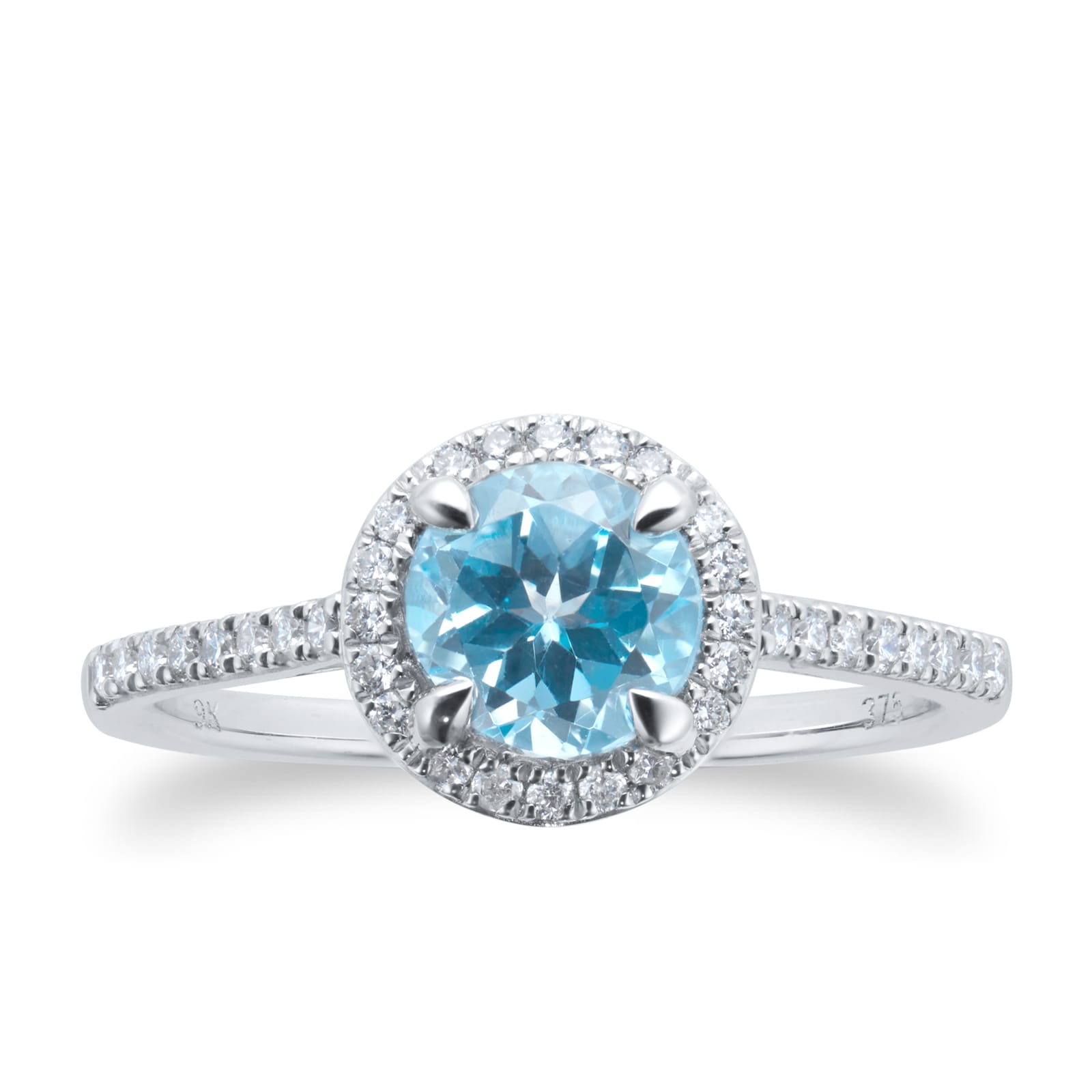Goldsmiths 9ct White Gold 6x6mm Blue Topaz And Diamond Round Halo Ring