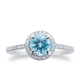 06330060 - 9ct White Gold 6x6mm Blue Topaz And Diamond Round Halo Ring