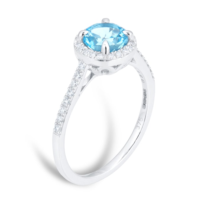 Goldsmiths 9ct White Gold 6x6mm Blue Topaz And Diamond Round Halo Ring