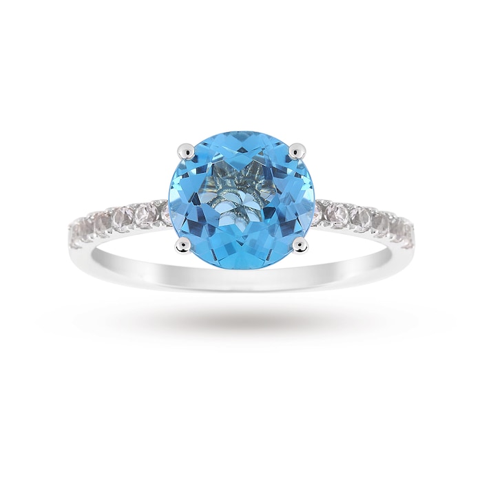 Goldsmiths 9ct White Gold 8x8mm Blue Topaz And 0.16ct White Topaz Ring