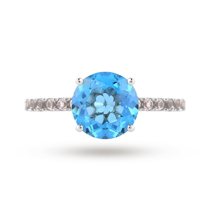 Goldsmiths 9ct White Gold 8x8mm Blue Topaz And 0.16ct White Topaz Ring