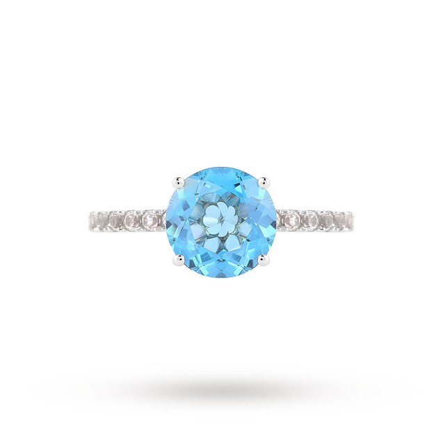 Goldsmiths 9ct White Gold 8x8mm Blue Topaz And 0.16ct White Topaz Ring