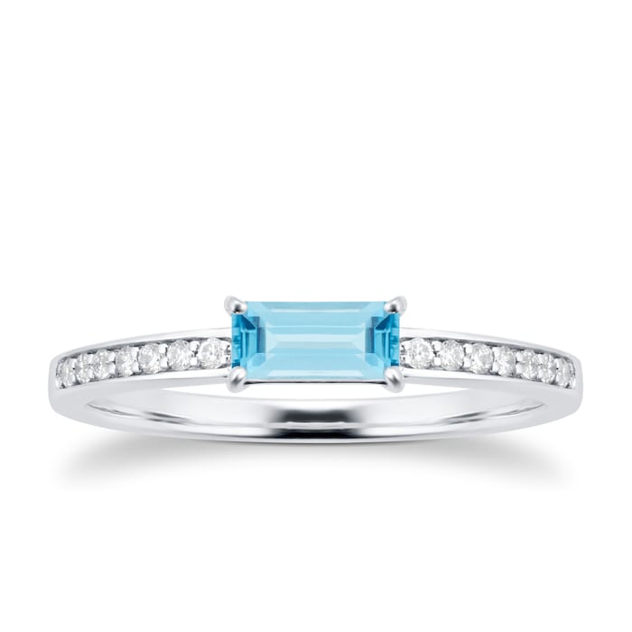 Goldsmiths 9ct White Gold Blue Topaz & Diamond Ring