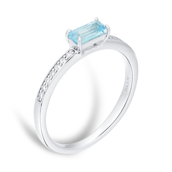 Goldsmiths 9ct White Gold Blue Topaz & Diamond Ring