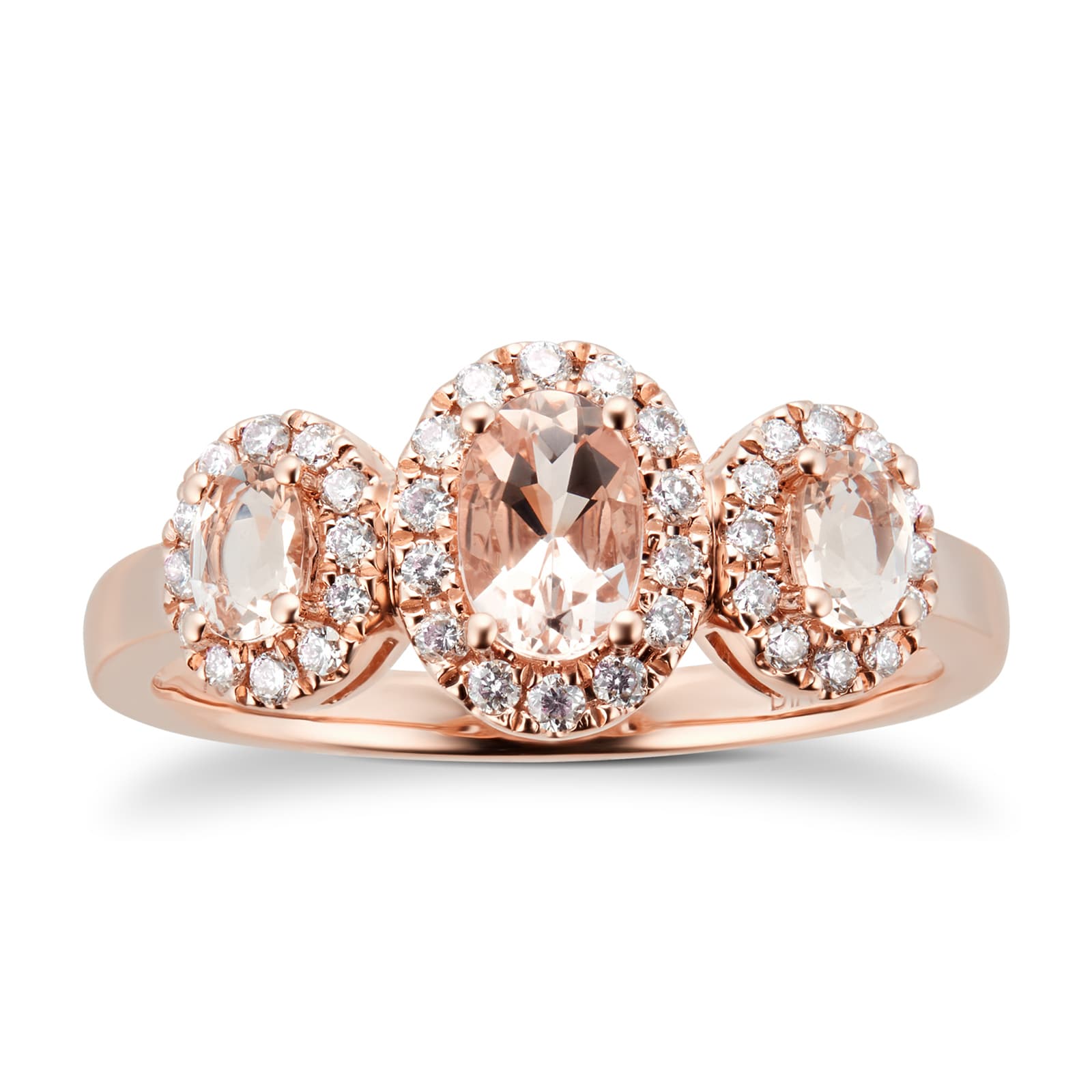 18ct Rose Gold Three Stone Morganite & Diamond Ring - Ring Size M
