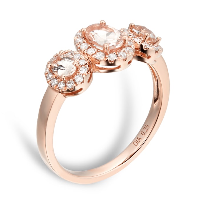 Goldsmiths 18ct Rose Gold Three Stone Morganite & Diamond Ring