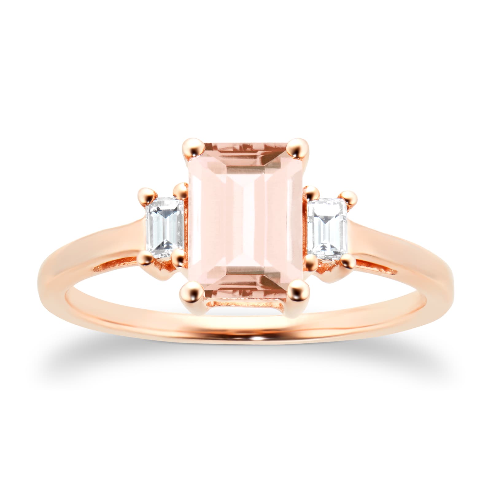 9ct Rose Gold Morganite & 0.12cttw Diamond Emerald Cut Ring - Ring Size Q