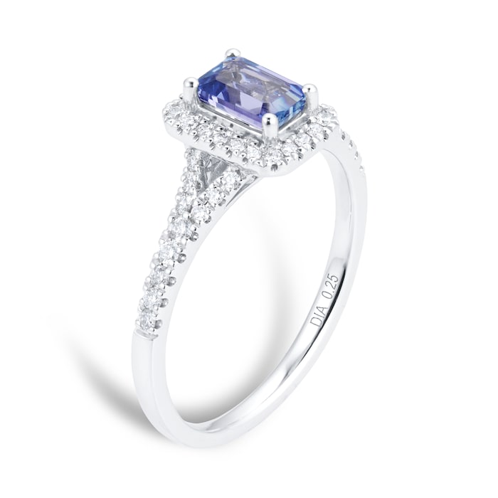 Goldsmiths 18ct White Gold 0.25cttw Diamond & Tanzanite Halo Engagement Ring