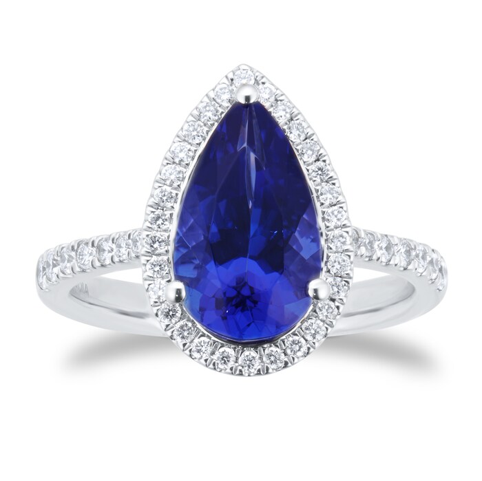 Goldsmiths Platinum Pear Cut Tanzanite and 0.33cttw Diamond Halo Ring
