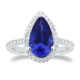 Goldsmiths Platinum Pear Cut Tanzanite and 0.33cttw Diamond Halo Ring