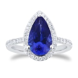 Goldsmiths Platinum Pear Cut Tanzanite and 0.33cttw Diamond Halo Ring
