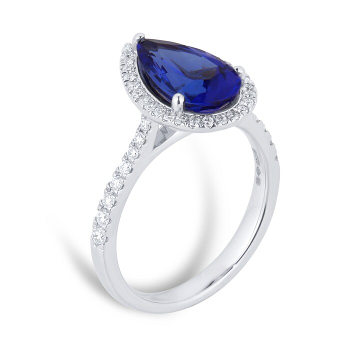 Goldsmiths Platinum Pear Cut Tanzanite and 0.33cttw Diamond Halo Ring