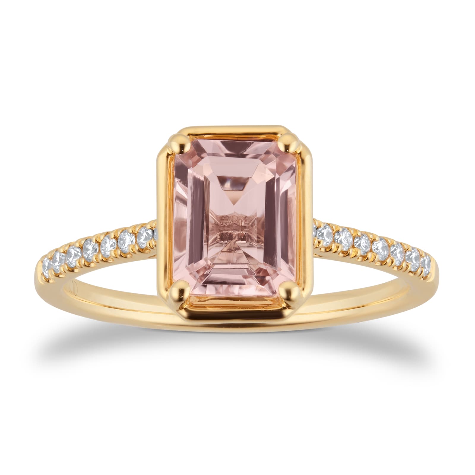 Goldsmiths 18ct Yellow Gold Emerald Cut Morganite and 0.10cttw Diamond Ring Goldsmiths 18ct Yellow Gold Emerald Cut Morganite and 0.10cttw Diamond Ring