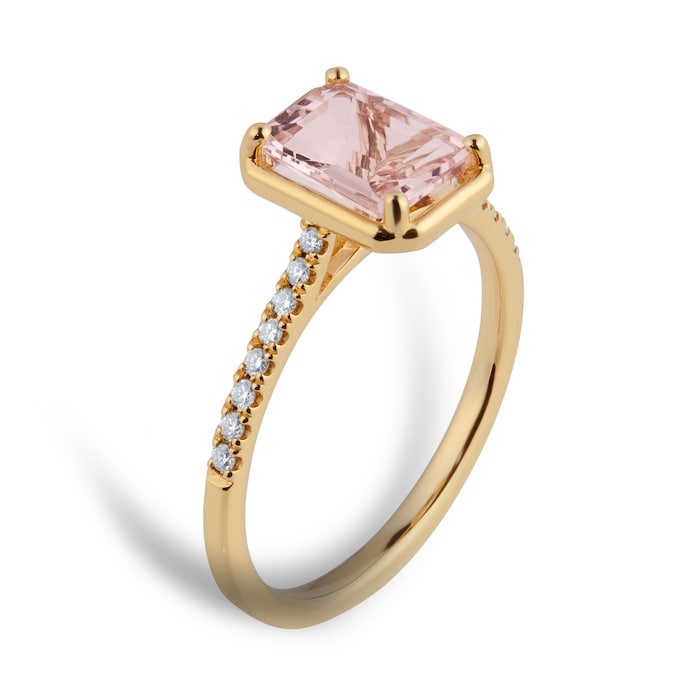 Goldsmiths 18ct Yellow Gold Emerald Cut Morganite and 0.10cttw Diamond Ring