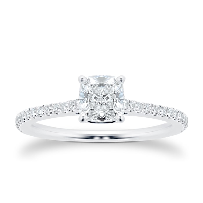 Mayors Platinum 0.96cttw Cushion Cut Solitaire with Diamond Set Shoulders Engagement Ring