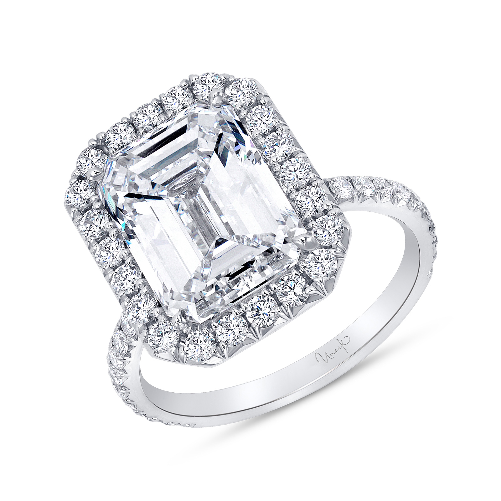 Platinum 5.81cttw Emerald Cut And Brilliant Cut Halo Engagement Ring 