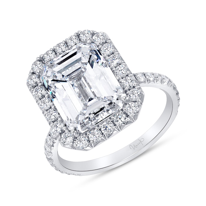 UNEEK Platinum 5.81cttw Emerald Cut and Brilliant Cut Halo Engagement Ring - Size 7