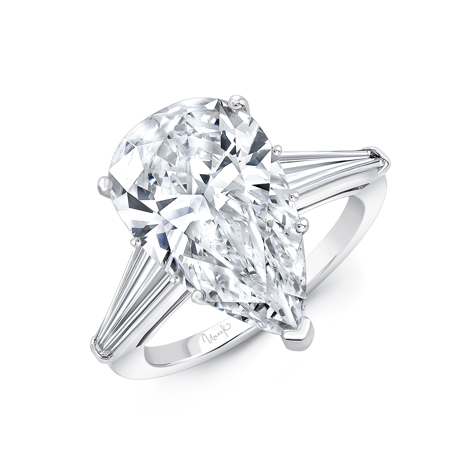 Platinum 5.01cttw Pear And 0.60cttw Baguette Shoulders Engagement Ring
