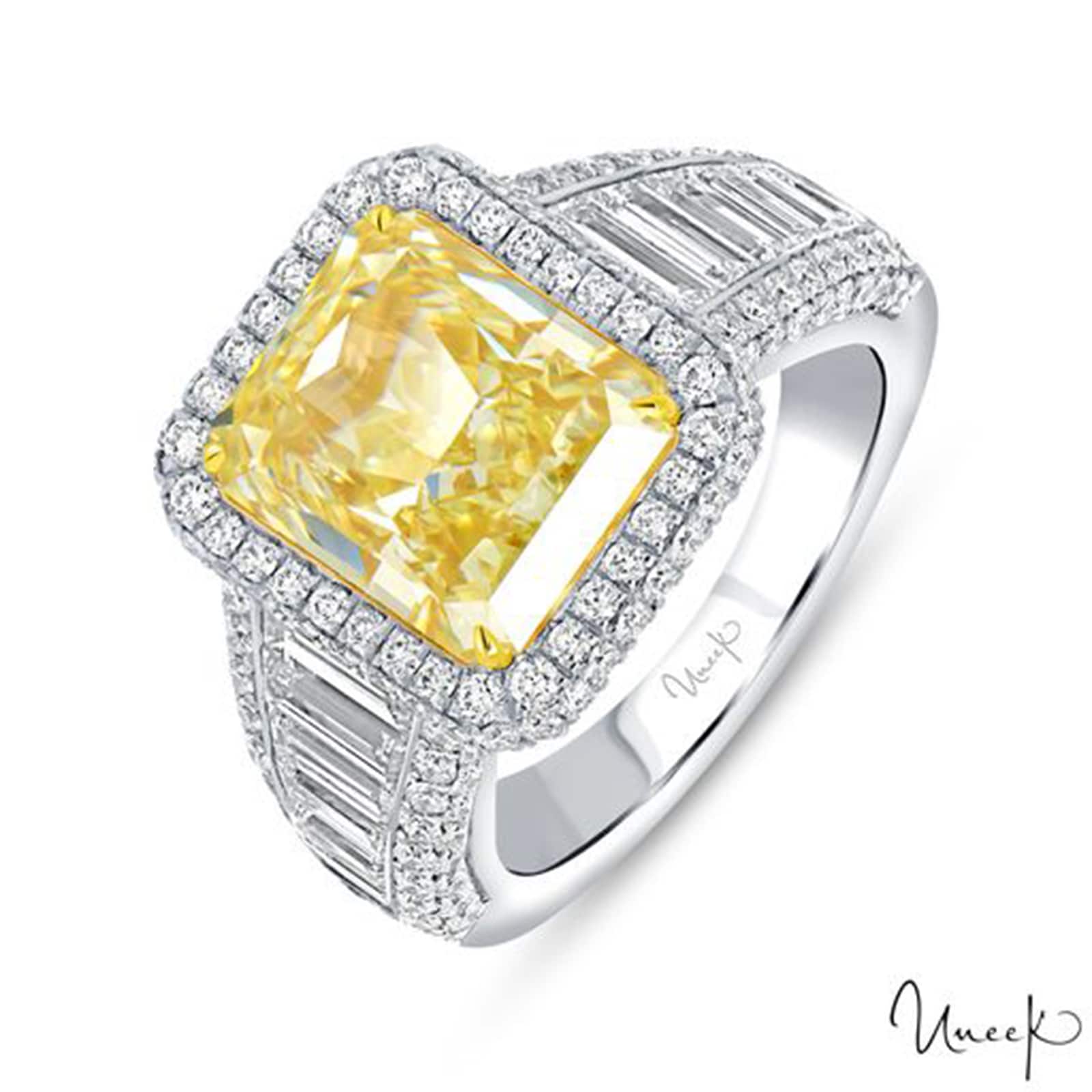 Uneek Platinum and 18k Gold 5.01cttw Yellow Diamond and 2.14cttw White Diamond Halo Ring Uneek Platinum and 18k Gold 5.01cttw Yellow Diamond and 2.14cttw White Diamond Halo Ring