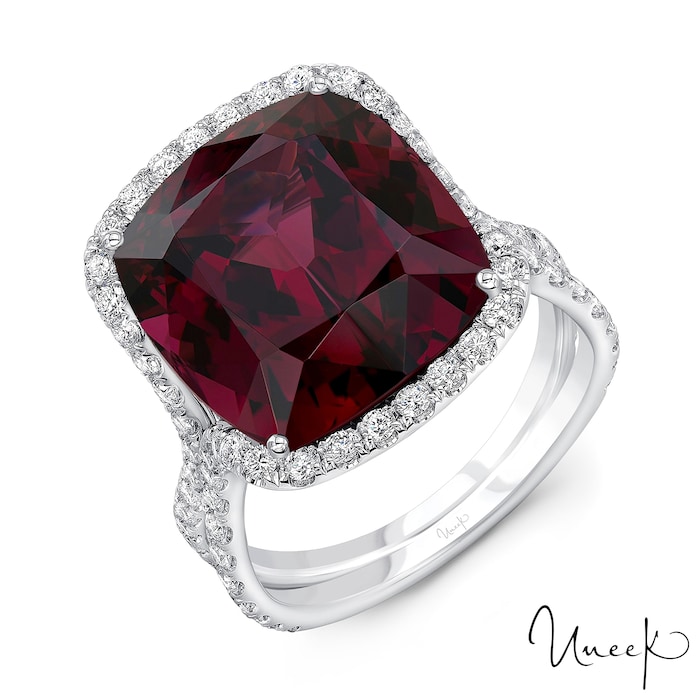 Uneek 18k White Gold 6.69cttw Garnet and 0.91cttw Diamond Halo Ring