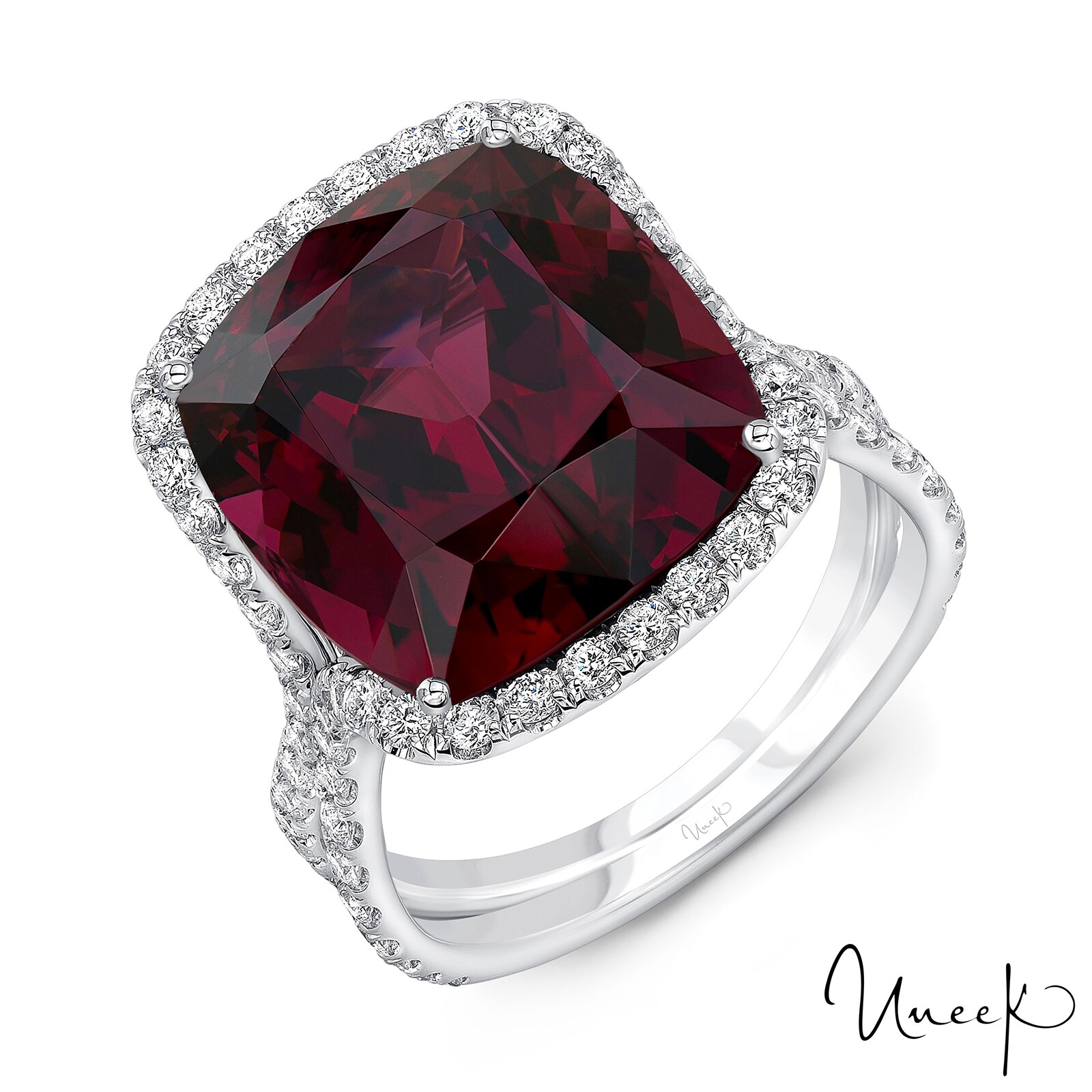 Uneek 18k White Gold 6.69cttw Garnet and 0.91cttw Diamond Halo Ring