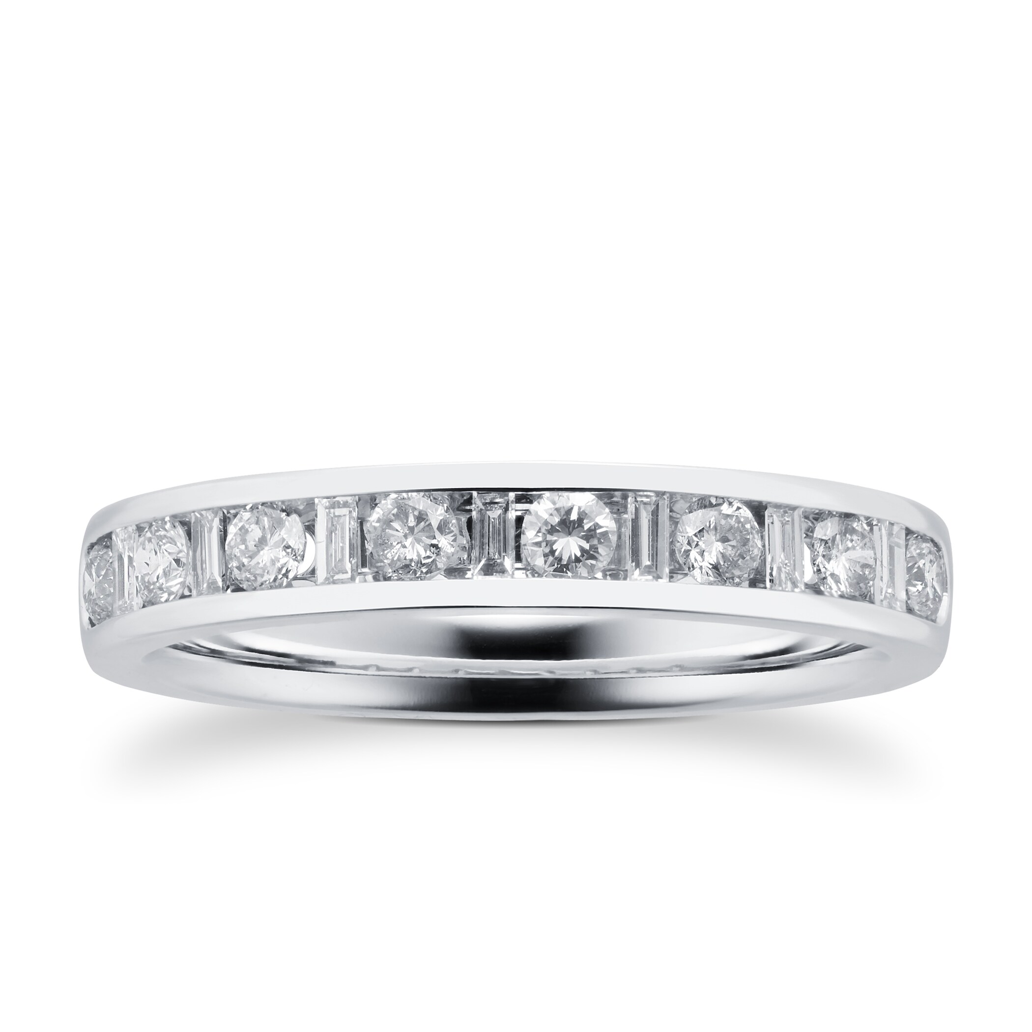 Goldsmiths Baguette And Brilliant Cut 0.50 Carat Total Weight Diamond Half Eternity Ring In 18 Carat White Gold - Ring Size N Goldsmiths Baguette And Brilliant Cut 0.50 Carat Total Weight Diamond Half Eternity Ring In 18 Carat White Gold - Ring Size N