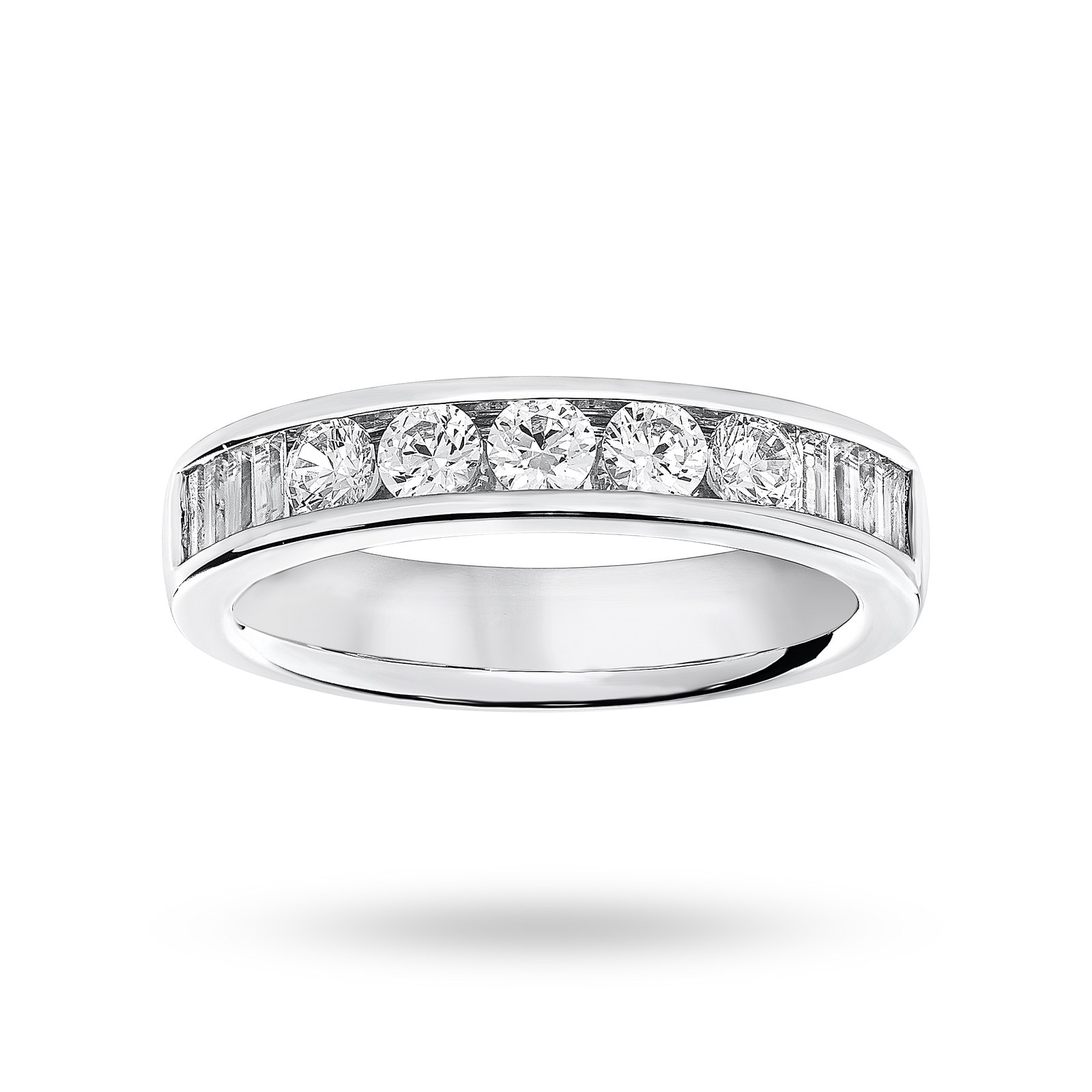 Platinum 075 Carat Brilliant Cut And Baguette Channel Set Half Eternity Ring Ring Size O